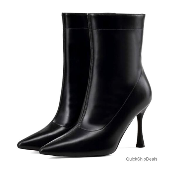 Pointed Toe Ankle Boots 3.5 Inch Stiletto Heel Pull On Work Booties